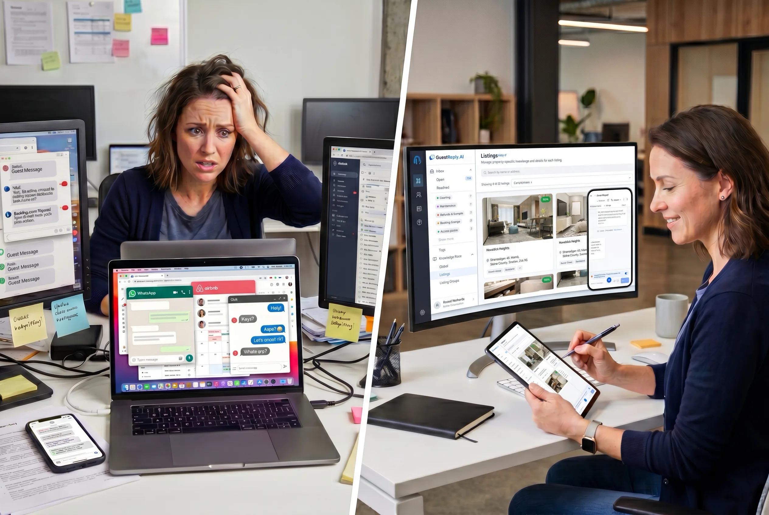 Overwhelmed vacation rental property manager comparing scattered guest messages with an automated guest communication workflow.