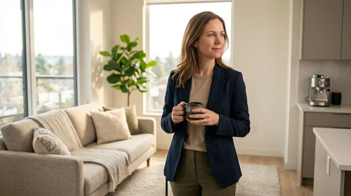 Relaxed property manager with coffee after GuestReply AI handles routine guest messages in the background.
