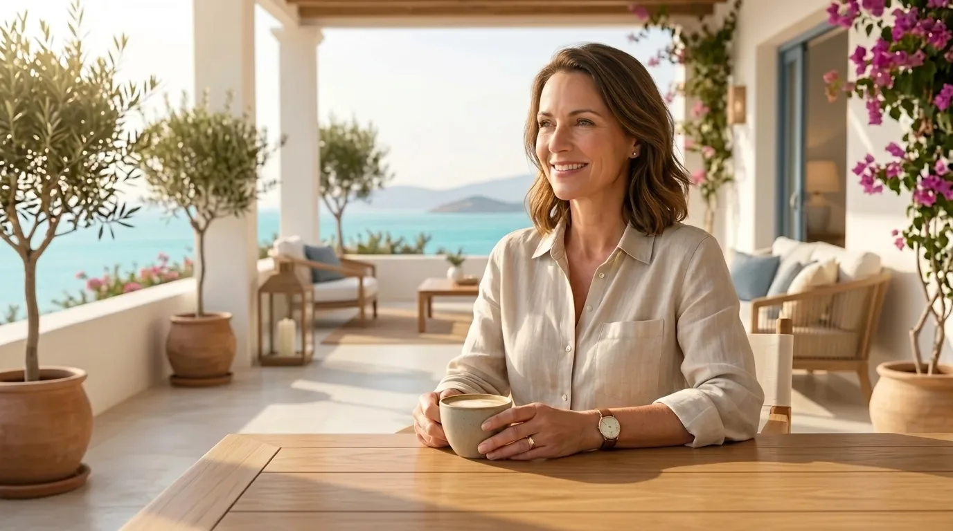 Relaxed property manager smiling while GuestReply AI handles routine guest communication in the background.